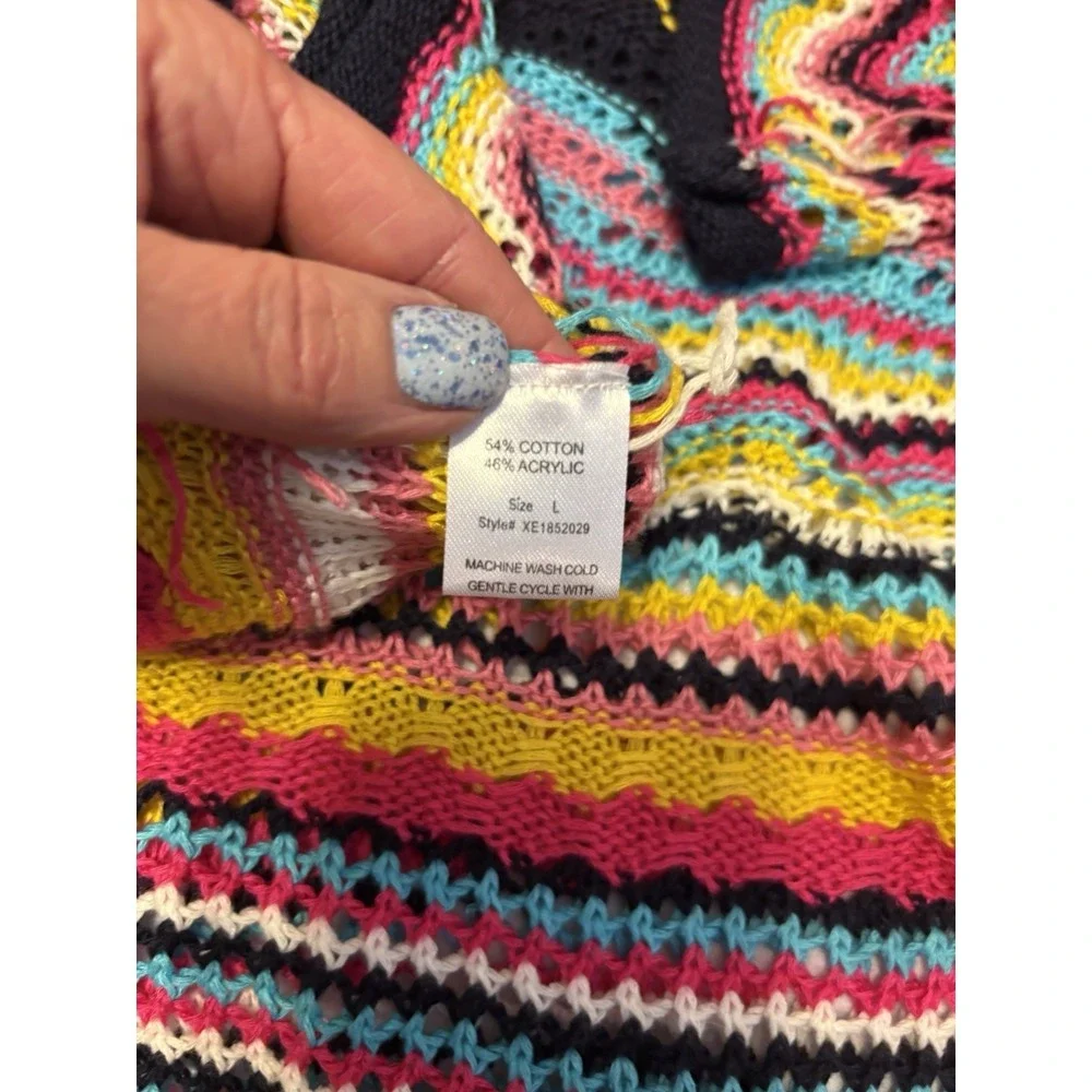 Woven Heart Vibrant Multicolor Striped Crochet Knit Sweater, Relaxed Fit, Large